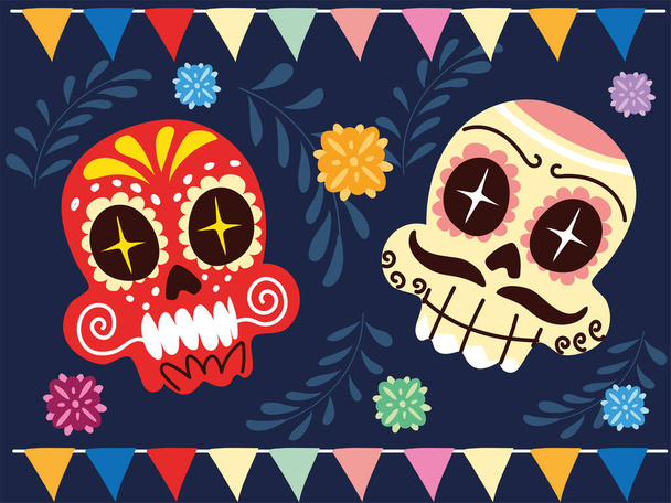 χαρούμενα μεξικάνικα κρανία, αφίσα εορτασμού Μεξικού - Διάνυσμα, εικόνα