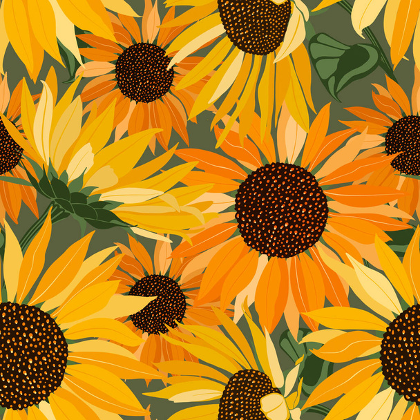 pattern of large yellow sunflower flowers on green background, digital illustration - 写真・画像