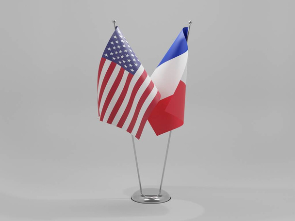 Frankrijk - Verenigde Staten van Amerika Samenwerking Vlaggen, Witte Achtergrond - 3D Render - Foto, afbeelding