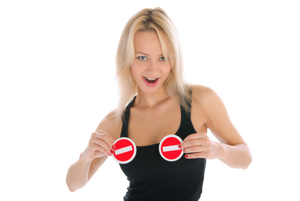 Sexual woman holds two prohibiting signs - Foto, imagen