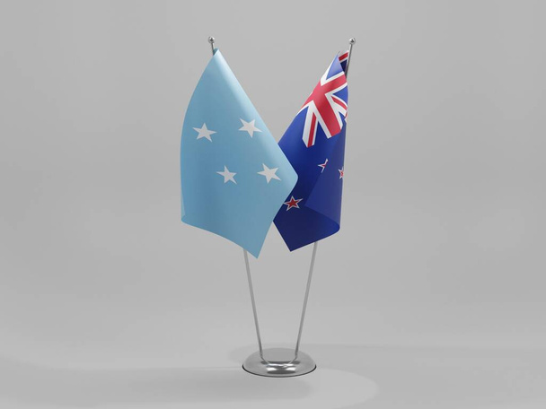 Új-Zéland - Mikronéziai együttműködési zászlók, fehér háttér - 3D Render - Fotó, kép