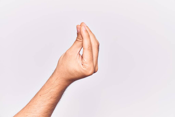Close up of hand of young caucasian man over isolated background doing italian gesture with fingers together, communication gesture movement  - Photo, Image