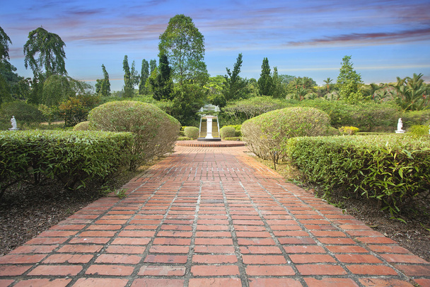 Sentier formel de briques de jardin
 - Photo, image