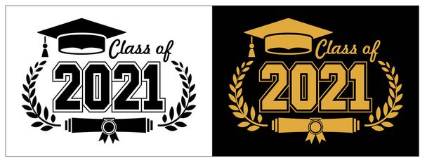 Класс письма 2021 года для поздравления, пригласительная открытка. Текст для дипломного дизайна, поздравления, футболки, вечеринки, выпускник средней школы или колледжа. Иллюстрация, вектор на прозрачном и черном фоне - Вектор,изображение