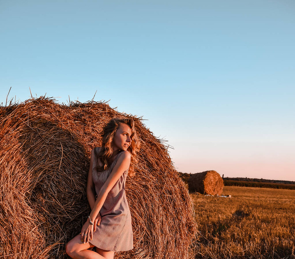 Portrait of young sexy woman with red hair on the haystack in morning sunlight, countryside. Beautiful woman in a dress sits on a haystack. Cottagecore. relaxing on summer field with hay stacks. Fresh air contryside. pastoral life - Photo, Image