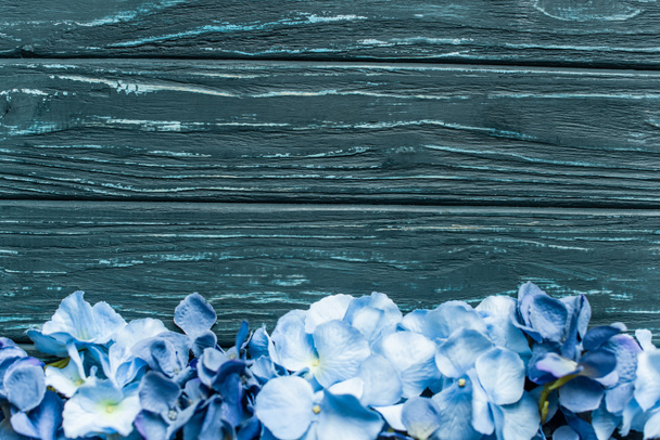 πάνω όψη του ξύλινου πράσινου φόντου με μπλε floral περίγραμμα - Φωτογραφία, εικόνα