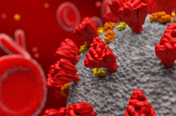 covid-19 3d render with blood cells closeup - Photo, Image