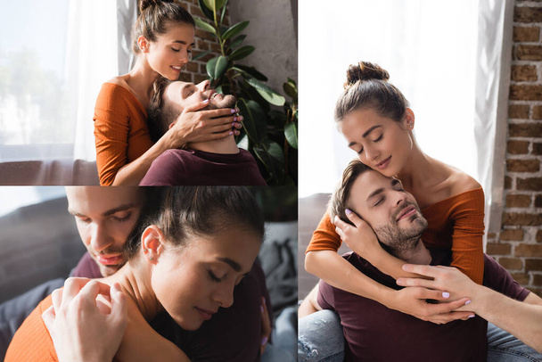 colagem de mulher jovem e homem abraçando enquanto sentado no sofá em casa - Foto, Imagem