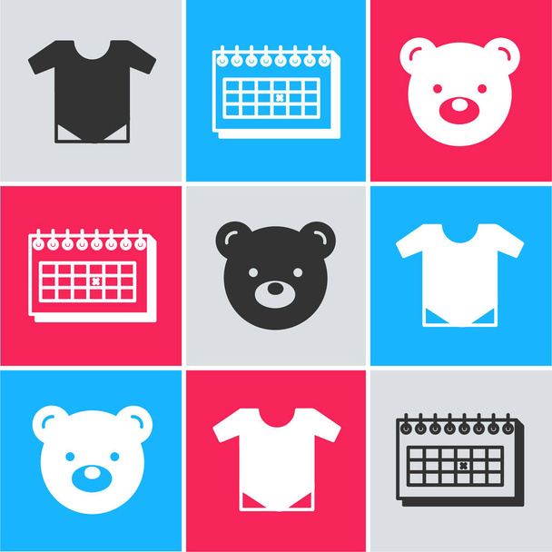 Set Baby onesie, Kalender und Teddybär Plüschtier-Ikone. Vektor. - Vektor, Bild