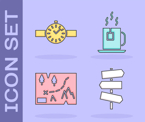 Set Road traffic signpost, Wrist watch, Folded map with location and Cup of tea with tea bag icon. Vector. - Vector, Image