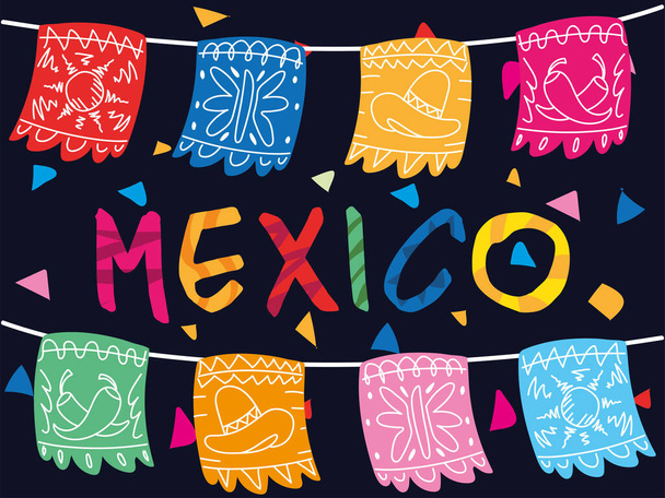etiqueta mexicana con guirnalda decorativa mexicana - Vector, Imagen