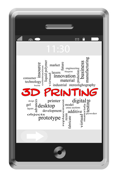 Concepto de nube de palabra de impresión 3D en el teléfono de pantalla táctil
 - Foto, Imagen