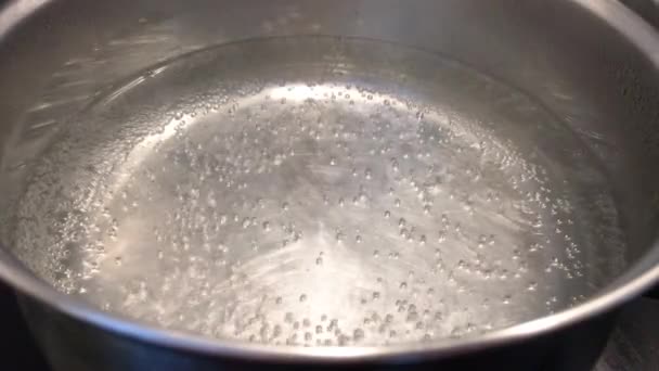 Chiudere, acqua bollente in una pentola, pronto da cuocere, 4k - Filmati, video