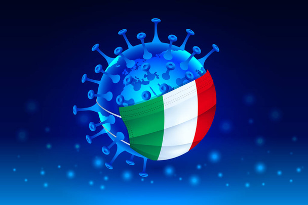 Coronavirus COVID-19 concept voor Italië. Zieke Aarde in een medisch masker met Italiaanse vlag bestrijdt het virus - Vector, afbeelding