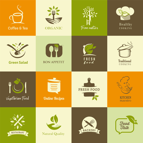 Symbolset für biologische und vegetarische Lebensmittel, Kochen und Restaurants - Vektor, Bild
