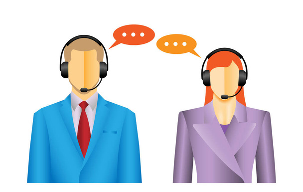  Faceless man and woman call center wearing headsets with colorful speech bubbles conceptual of client services and communication - Photo, Image