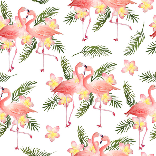 Seamless hand drawn watercolor pattern with pink flamingo, romantic couple in love, palm leaves plumeria frangipani flowers. Tropical exotic bird rose flamingos. Realistic animal illustration. Wedding - Photo, Image