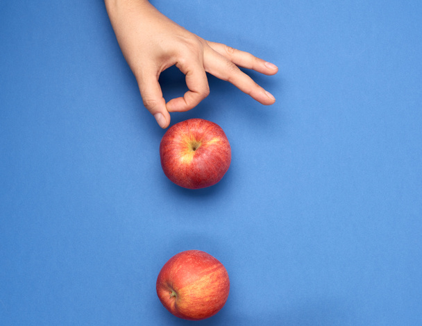 спелые красные яблоки, женская рука толкая яблоки, синий фон - Фото, изображение