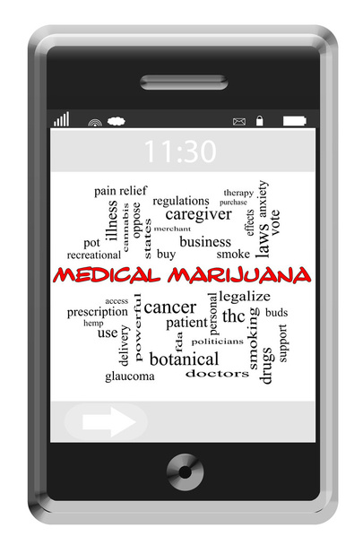 medische marihuana woord wolk concept op touchscreen telefoon - Foto, afbeelding