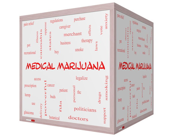 medische marihuana woord wolk concept op een 3d cube whiteboard - Foto, afbeelding