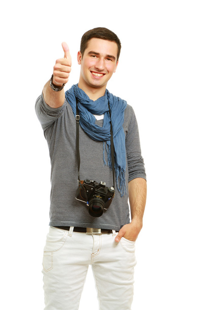 Photographer with a camera showing ok - Фото, изображение