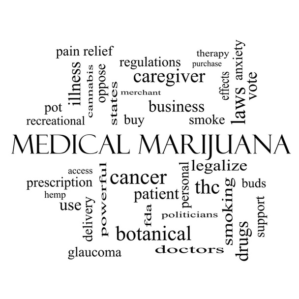 medische marihuana woord wolk begrip in zwart-wit - Foto, afbeelding