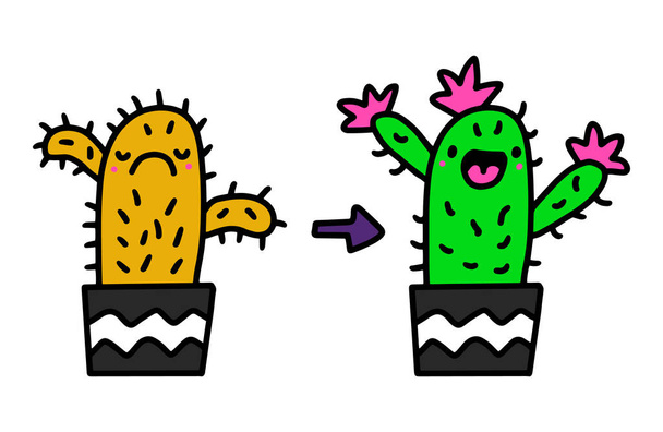 Cactus before and after taking care support hand drawn vector illustration in cartoon doodle style depressive happy - Vector, Image