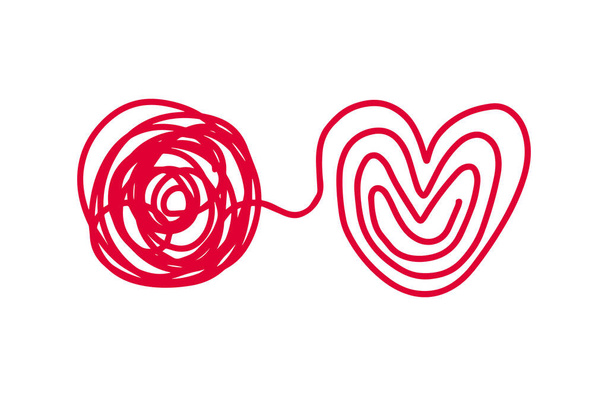 Психотерапевтическая метафора из красных веревок перед символом сердца яркая - Вектор,изображение
