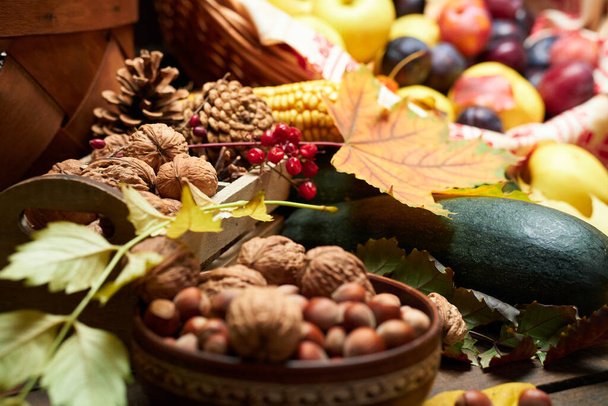 syksyn asetelma maalaistyyliin taustana lehdet, vihannekset ja hedelmät, pähkinät ja muut luonnolliset elintarvikkeiden ainesosat puulevyillä - Valokuva, kuva
