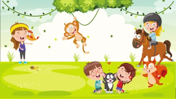 Niños felices jugando con animales divertidos - Imágenes, Vídeo