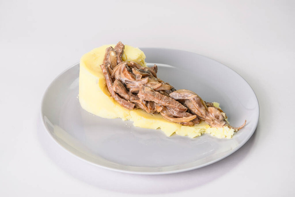 Beef stroganoff with mashed potatoes garnish served on gray plate. Meat Goulash With side dish on gray background. Restaurant menu food isolation. Traditional European dish.  - Photo, Image