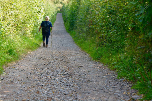 Érett nő egyedül sétál a walesi vidéken, csendes, biztonságos, társadalmilag távoli, egészséges szabadidős tevékenység a friss levegőn. Az új normál, hegyi / hegyi séta túra Abergavenny Wales - Fotó, kép