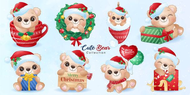Cute doodle bear set for christmas day with watercolor illustration - Vector, Image