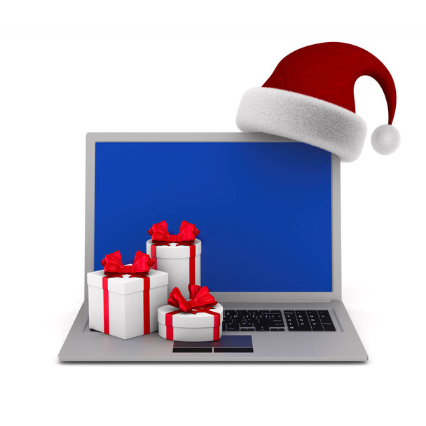 laptop and santa claus hat on white background. Isolated 3D illustration - Φωτογραφία, εικόνα