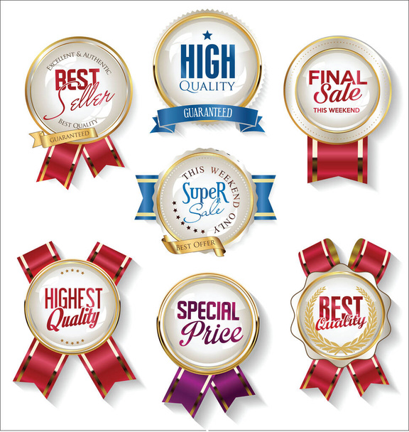 Retro vintage golden badges labels and ribbons - Vector, afbeelding
