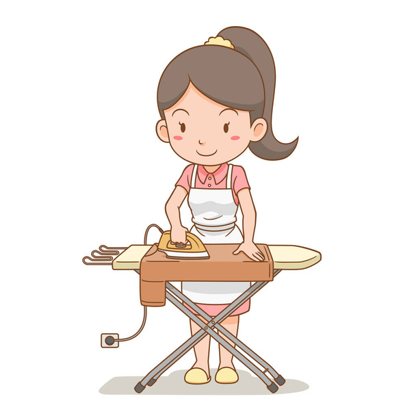 Cartoon karakter van huisvrouw strijken de kleren op strijkplank. - Vector, afbeelding