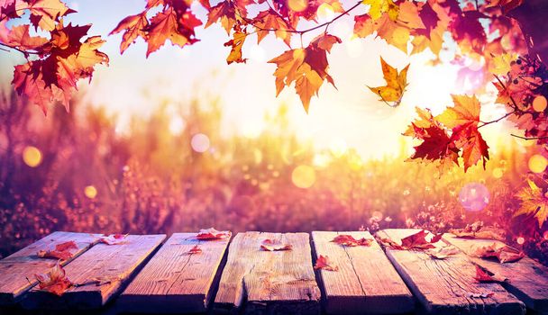 Herbst-Tisch mit roten Blättern - Vintage-Farbfilter und defokussierter Hintergrund mit Bokeh - Foto, Bild