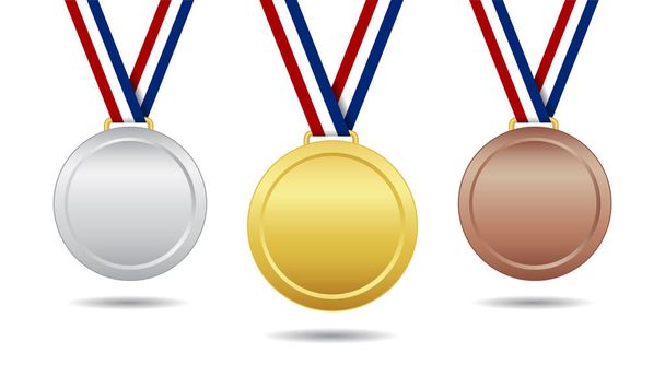 Gold, bronze and silver medal. Award with ribbon. Trophy for winner and champion. Emblem for championship. Icon on competition and ranking. 1, 2, 3 places in sport. Reward isolated. Vector. - Vektor, Bild