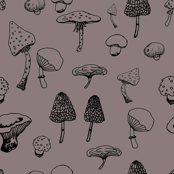  Black and white image of autumn seasonal mushrooms. Seamless design for kitchen textiles, wallpapers, postcards. - Vecteur, image