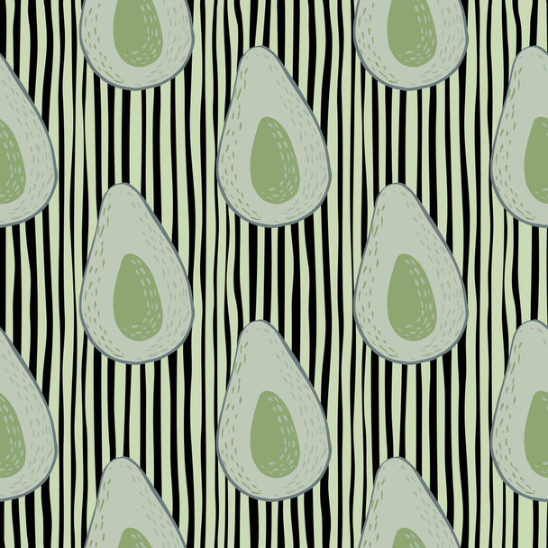 Avocado doodle print seamless pattern. Grey food ornament in grey color on stripped background. Perfect for wallpaper, textile, wrapping paper, fabric print. Vector illustration. - Vecteur, image