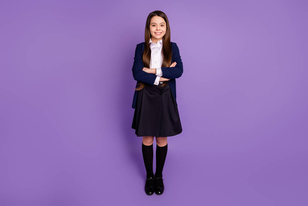 Full length body size view of her she nice attractive pretty diligent cheerful content schoolchild nerd folded arms back to school new semester isolated on violet lilac pastel color background - Фото, зображення