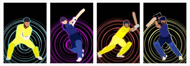 Vektor Illustration von Cricket Championship Bannern oder Postern, Design mit Spielern, Schlagmann und Wicket Keeper. Vierer-Set. - Vektor, Bild