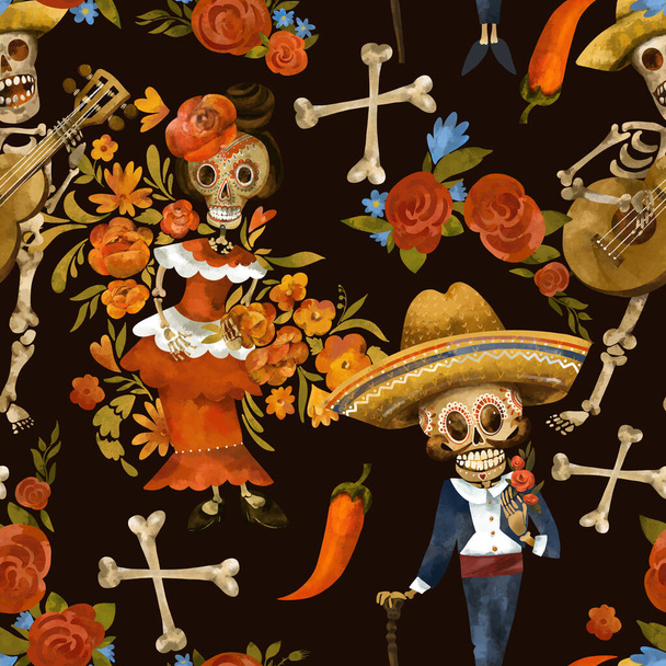 Jour du modèle sans couture mort. Crâne de sucre texture, papier peint Cinco de Mayo sur fond noir - Photo, image