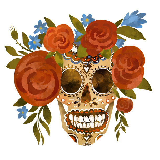 Sugar skull vintage illustration. Day of the dead, Cinco de Mayo greeting card on white background. Floral skull isolated on white background - Photo, Image