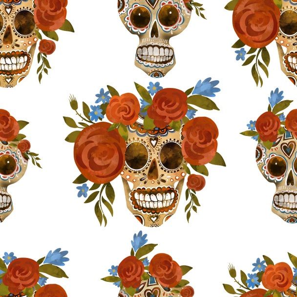 シュガースカルヴィンテージシームレスパターン。死者の日,白の背景にシンコ・デ・マヨのテクスチャ.花の頭蓋骨 - 写真・画像