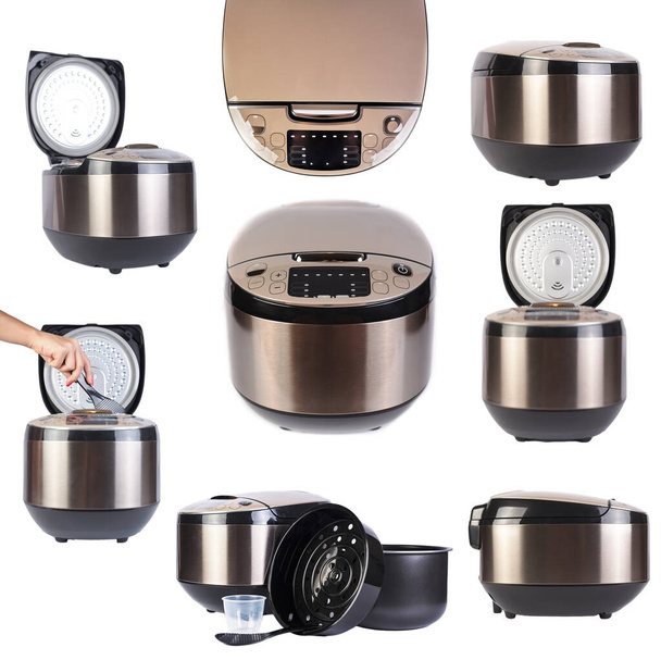 Automatic multicooker and accessories set isolated on a white background. Modern cooking appliance and convenient interchangeable accessories. - Photo, Image