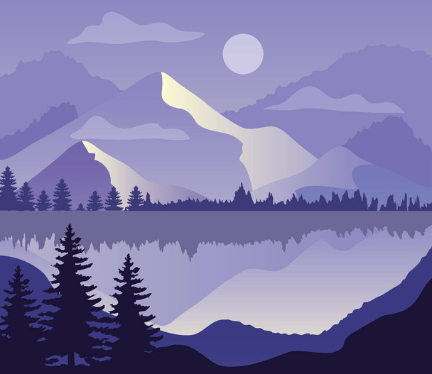 purple landscape with silhouettes of mountains, lake and pine trees - Vecteur, image