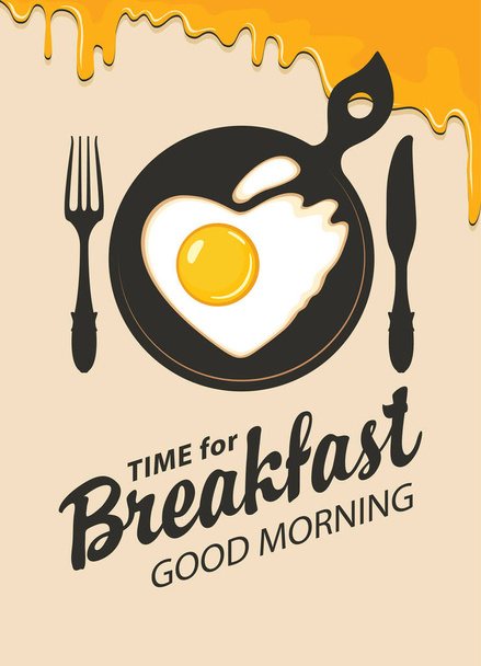 Flat illustration with appetizing fried egg in the shape of a heart in a black frying pan with fork and knife in retro style. Vector banner with inscription time to Breakfast. Morning poster or menu - Διάνυσμα, εικόνα
