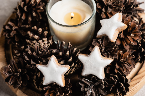Scented candle with pine cones and cookies on wooden plate - Fotografie, Obrázek