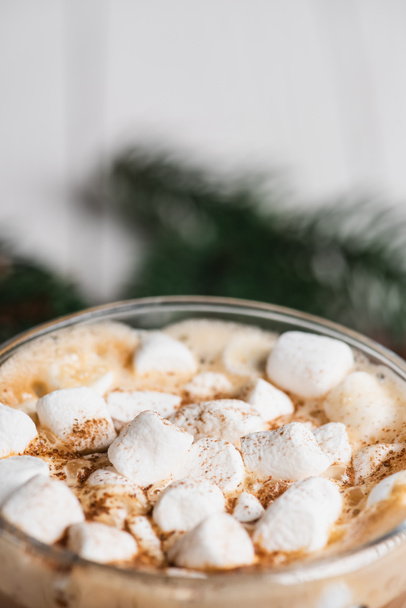 Close up view of glass cup of cocoa with marshmallows and cinnamon - Photo, Image